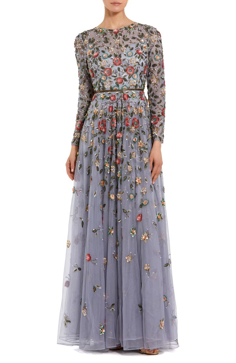 Mac Duggal Women's Embellished High Neck Long Sleeve A Line Gown, Main, color, Grey Multi