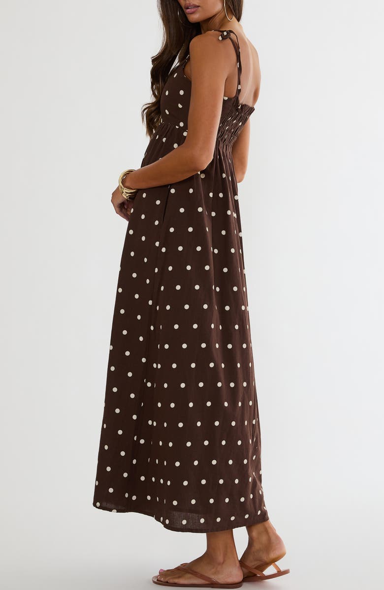 Beach Riot Valory Tie Strap Cotton & Linen Cover-Up Maxi Dress, Alternate, color, Brown Polka Dot