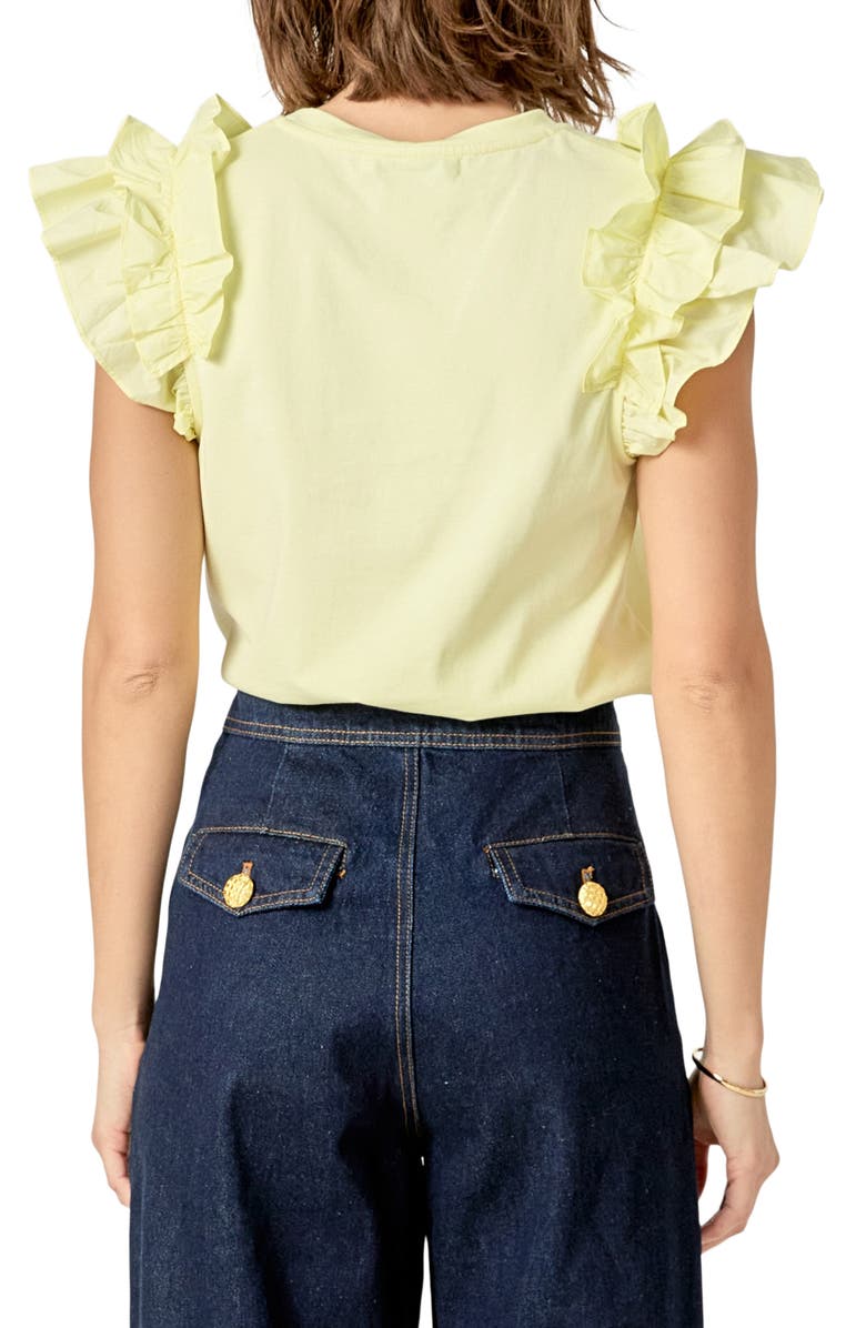 English Factory Ruffle Sleeve Mix Media Cotton Top, Alternate, color, Butter Yellow
