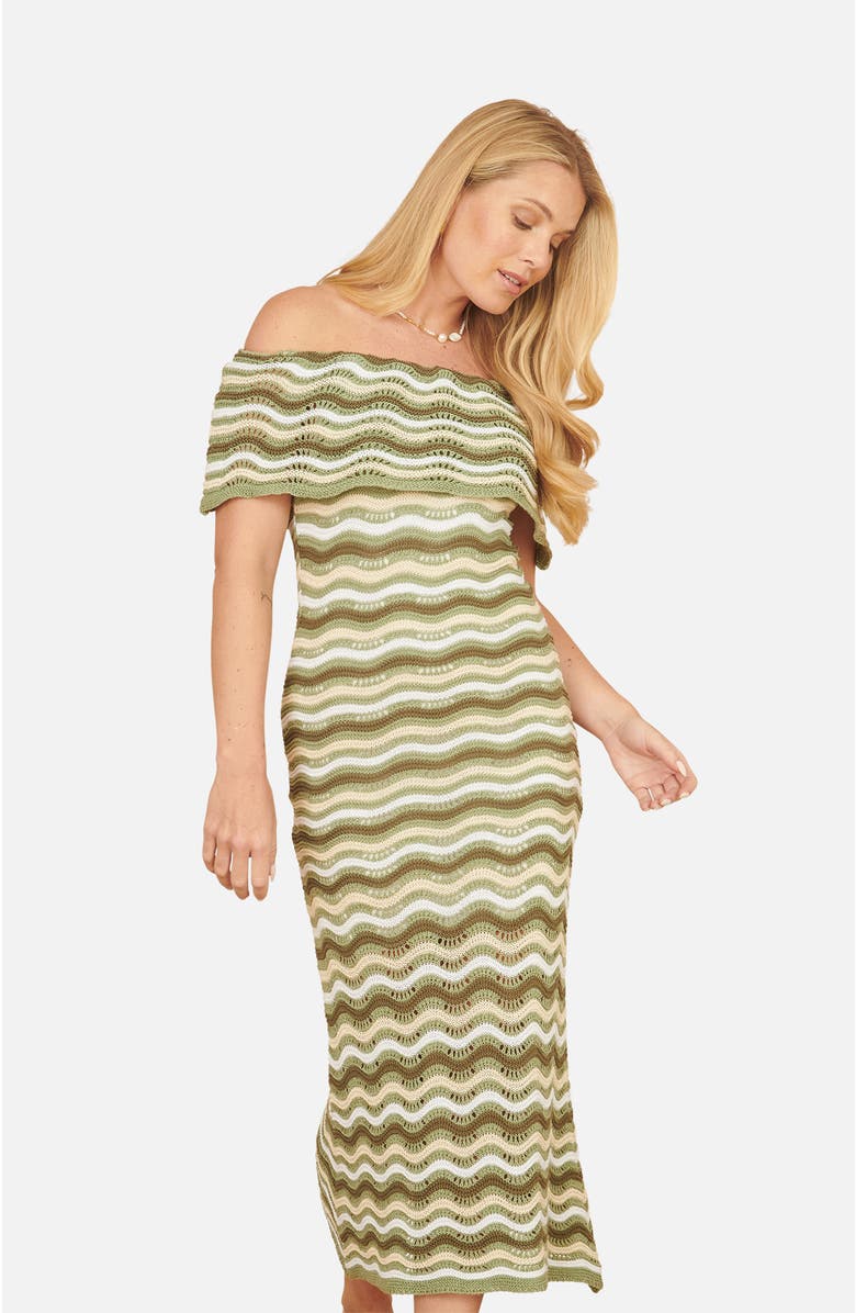 Yumi Stripe Crochet Knit Bardot Midi Dress, Alternate, color, Green