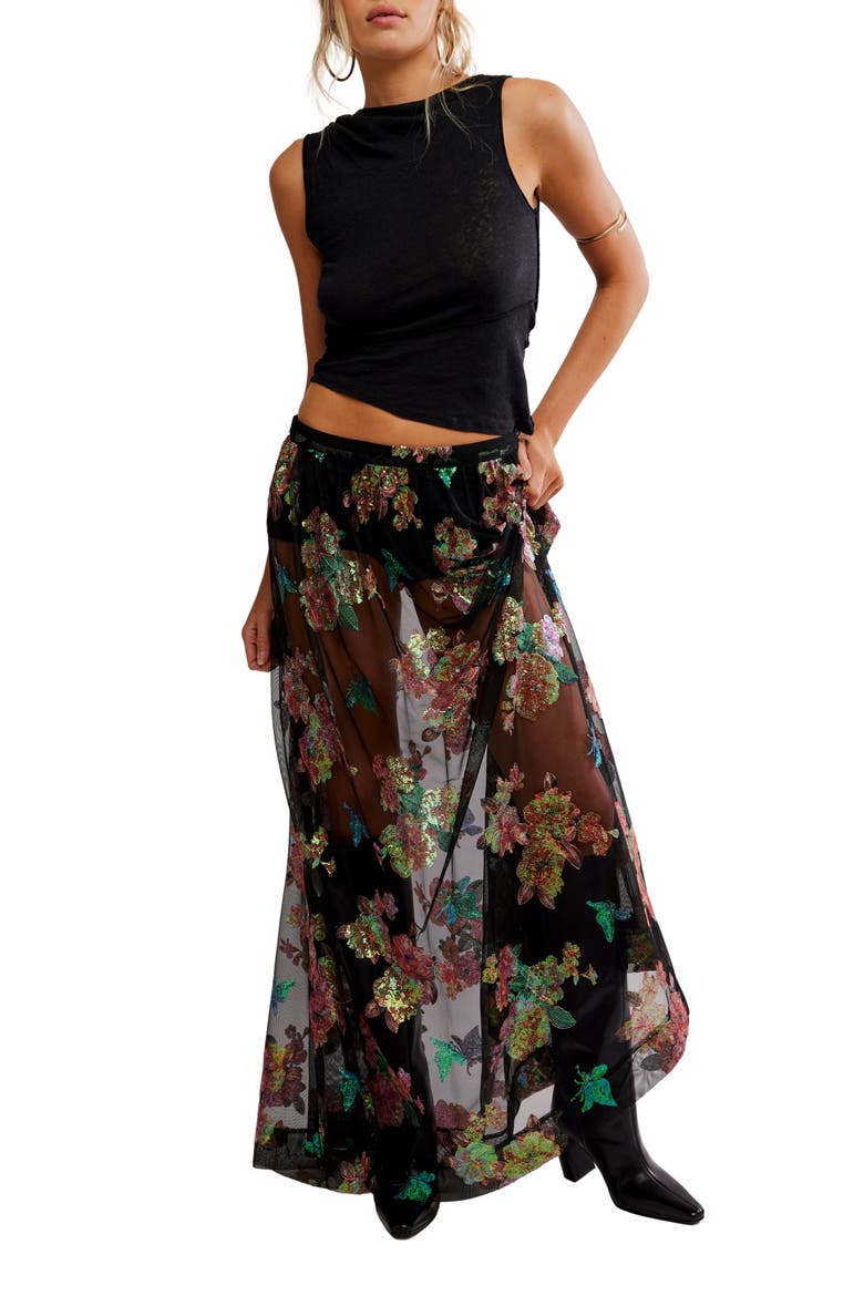 Fioritura Sequin Floral Sheer Maxi Skirt, Alternate, color, BLACK