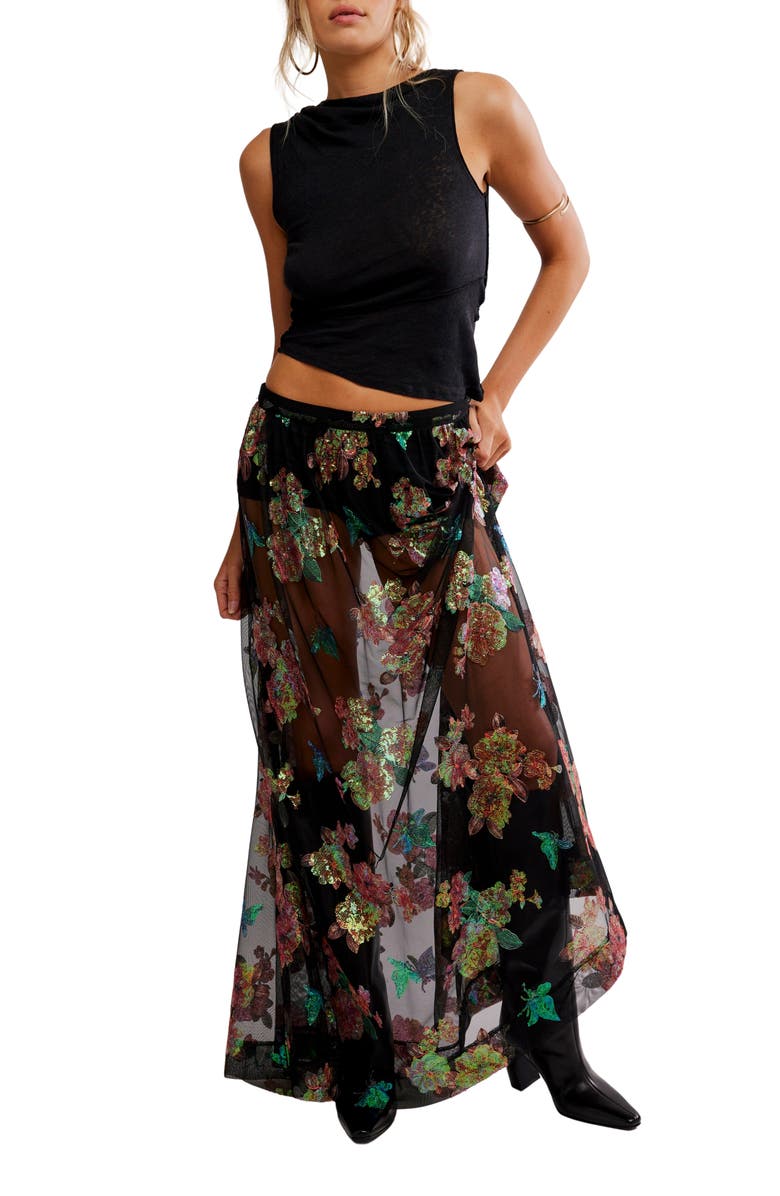 Free People Fioritura Sequin Floral Sheer Maxi Skirt, Alternate, color, Black