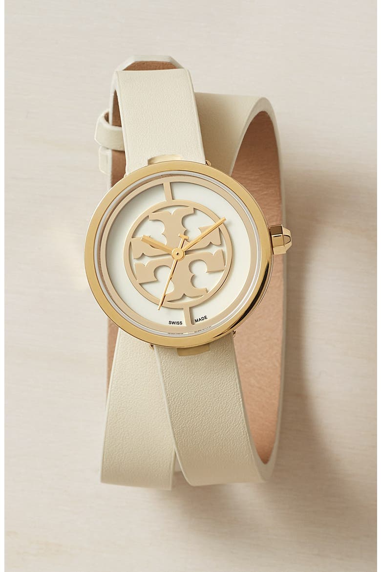 'Reva' Logo Dial Double Wrap Leather Strap Watch, 28mm, Alternate, color, IVORY/ GOLD