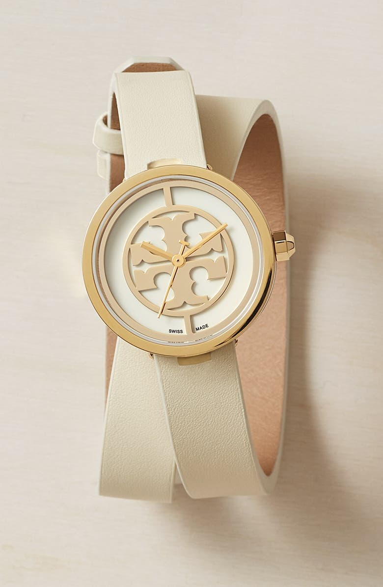 Tory Burch 'Reva' Logo Dial Double Wrap Leather Strap Watch, 28mm, Alternate, color, 