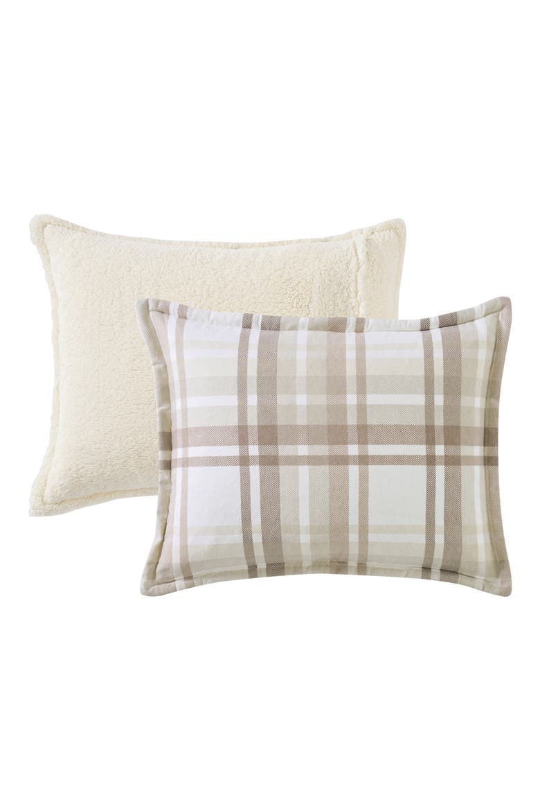 Plaid Flannel & Faux Shearling 3-Piece Comforter & Shams Set, Alternate, color, TAUPE