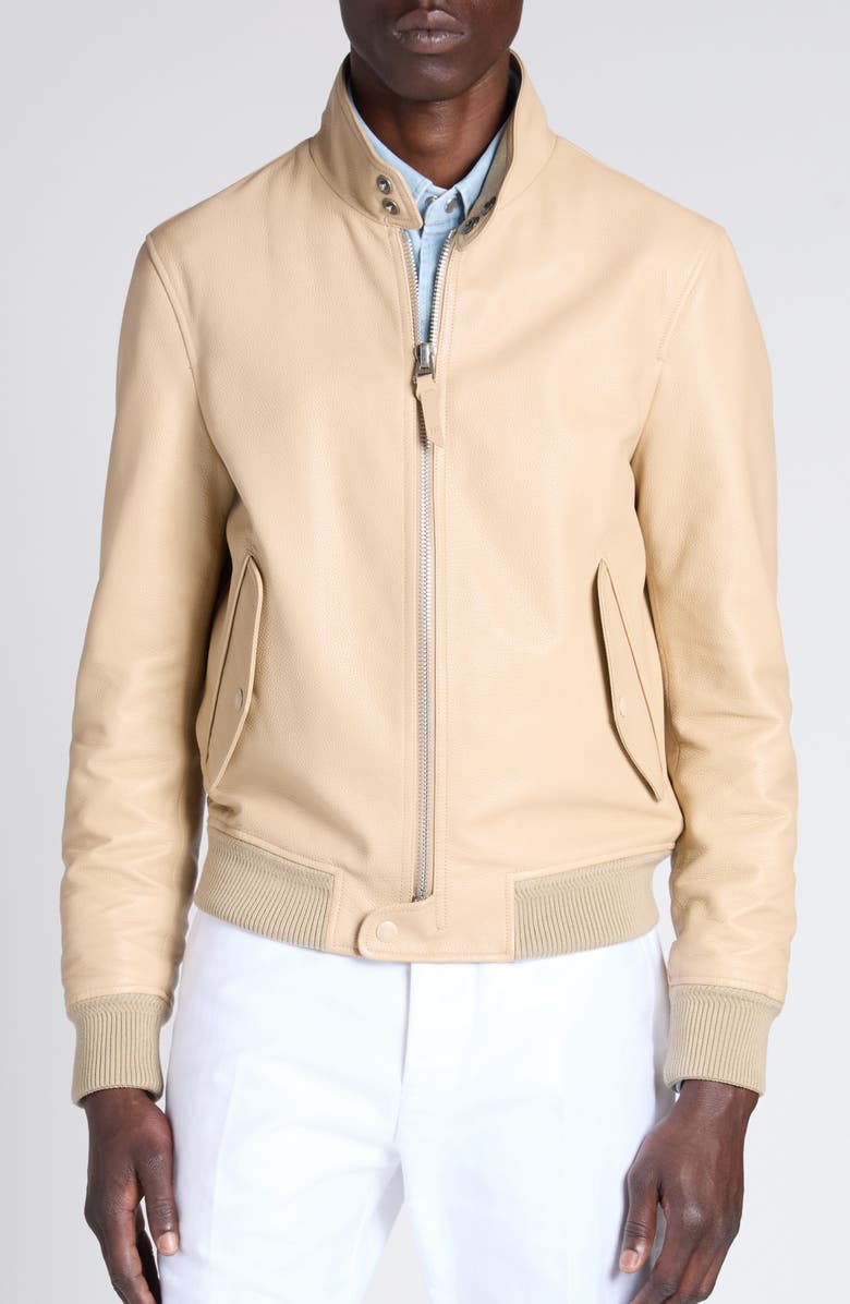 TOM FORD Tumbled Leather Harrington Jacket, Alternate, color, Stone