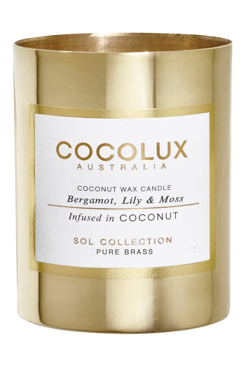 Bergamot, Lily & Moss Small Brass Candle, Main, color, NO COLOR