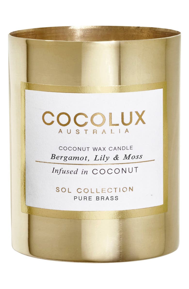 Cocolux Australia Bergamot, Lily & Moss Small Brass Candle, Main, color, 