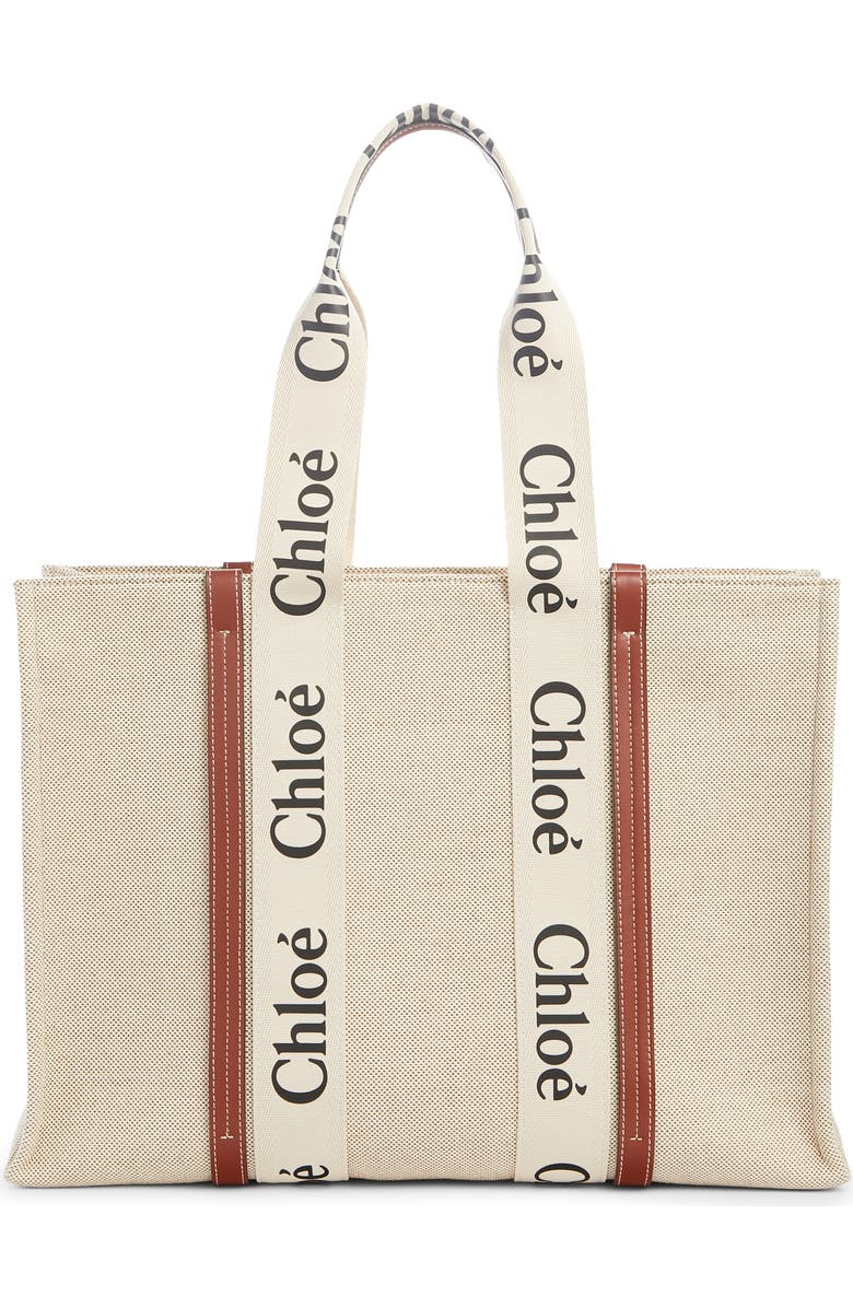 Chloé Large Woody Logo Strap Canvas Tote, Alternate, color, White-Brown