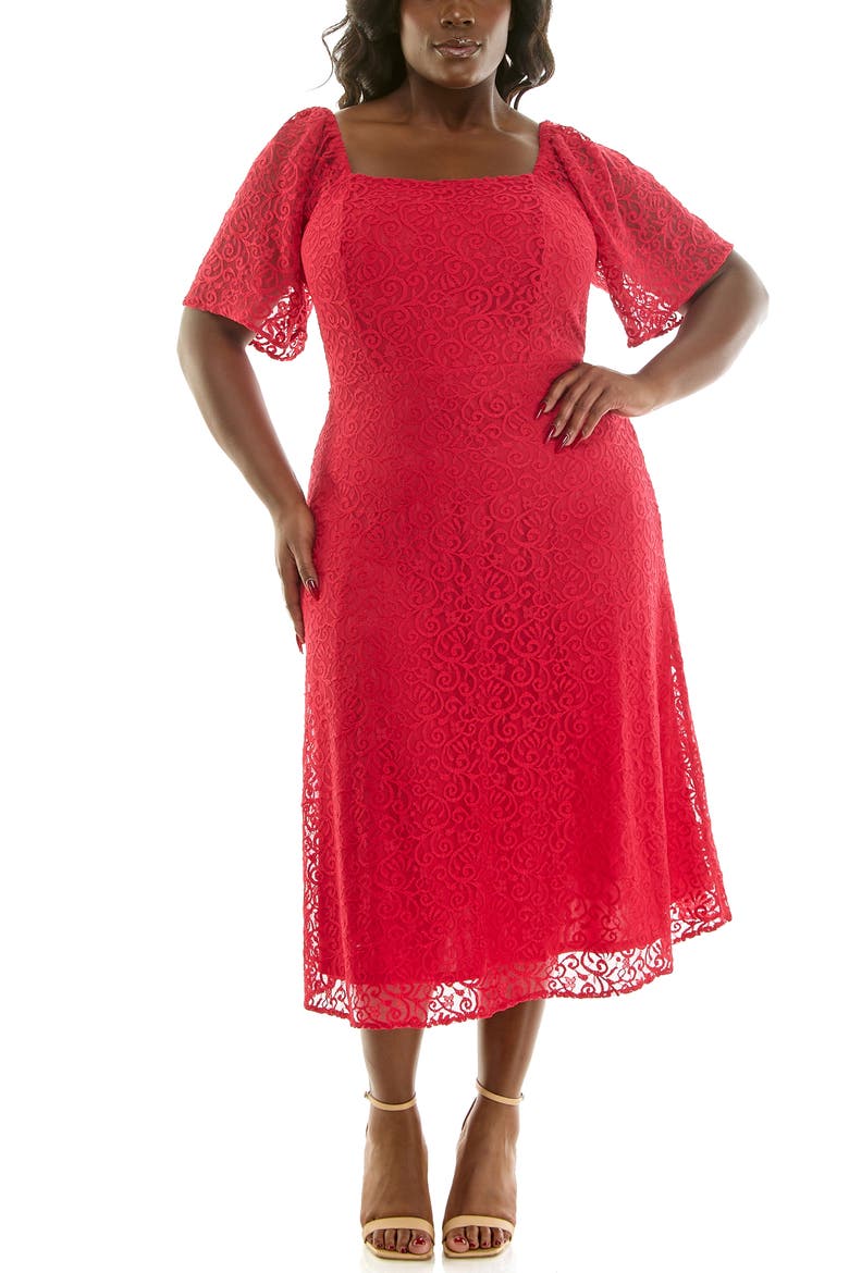 Lace Flutter Sleeve Midi Dress, Main, color, CHERRY