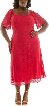 Nina Leonard Lace Flutter Sleeve Midi Dress