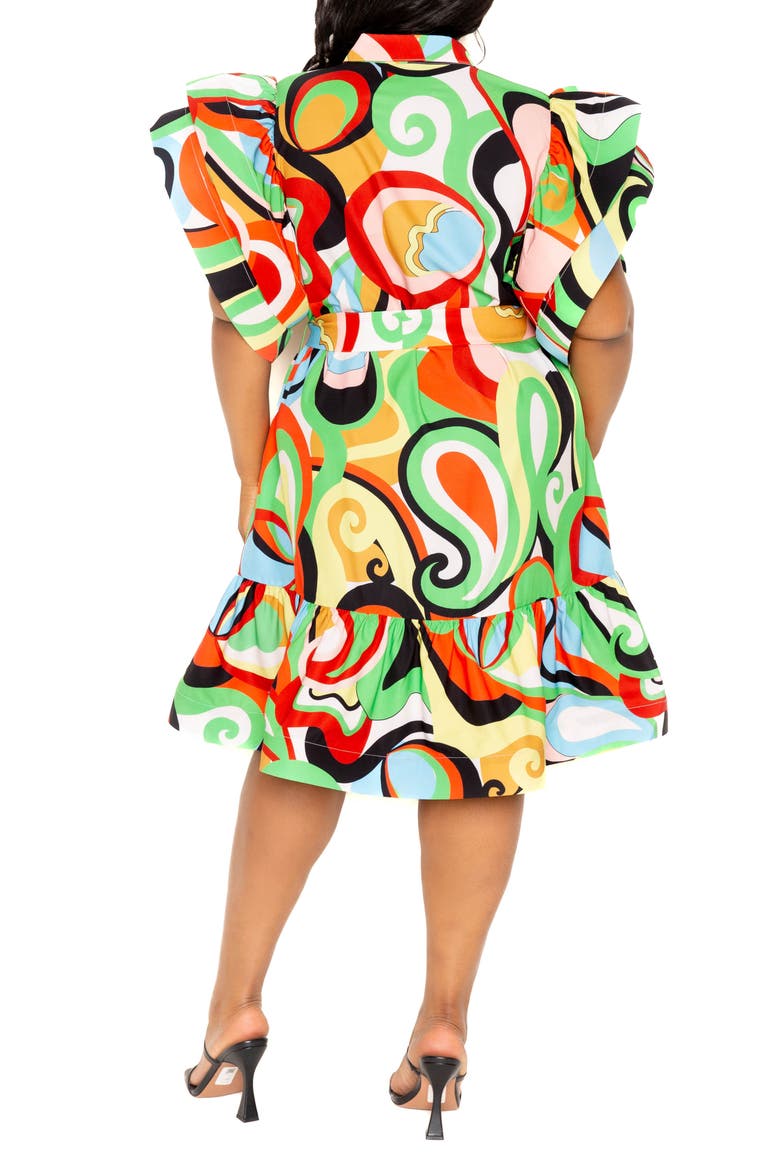 Geometric Print Ruffle Tie Waist Dress, Alternate, color, GREEN MULTI