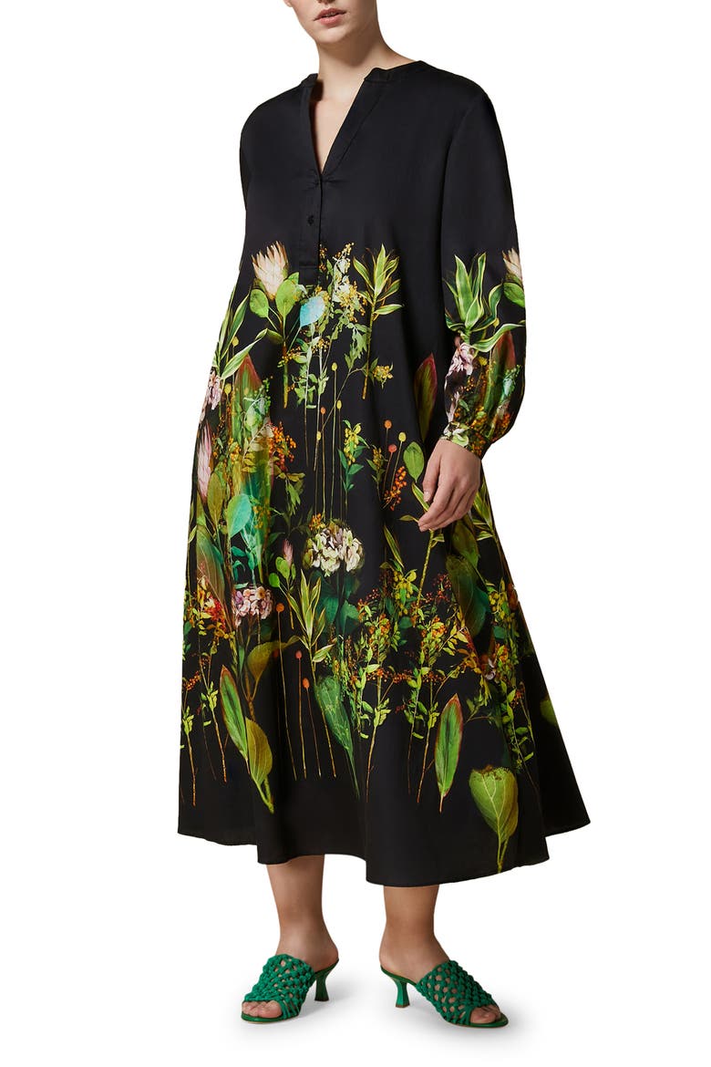 Garbata Floral Long Sleeve Satin Dress, Main, color, BLACK