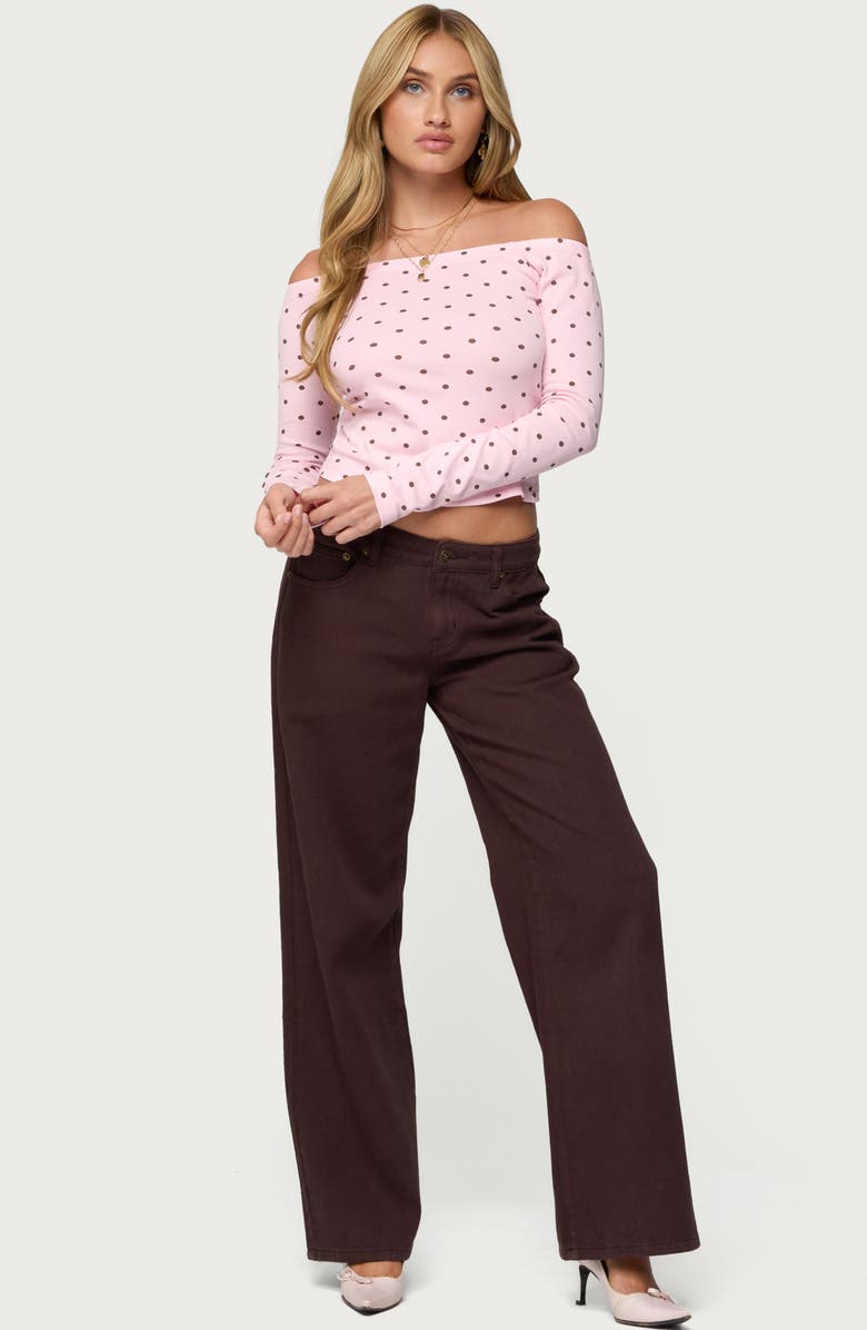 EDIKTED Leandra Polka Dot Off the Shoulder Stretch Cotton Top, Alternate, color, Light-Pink