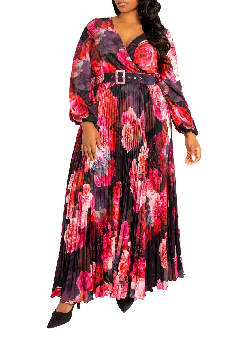 Floral Long Sleeve Pleated Maxi Dress, Main, color, BLACK MULTI