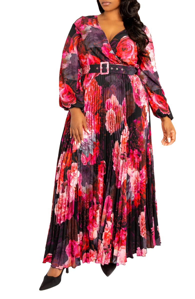 BUXOM COUTURE Floral Long Sleeve Pleated Maxi Dress, Main, color, Black Multi