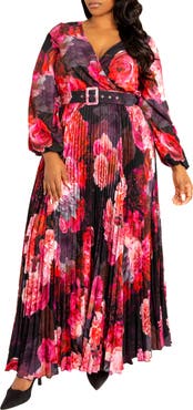 BUXOM COUTURE Floral Long Sleeve Pleated Maxi Dress