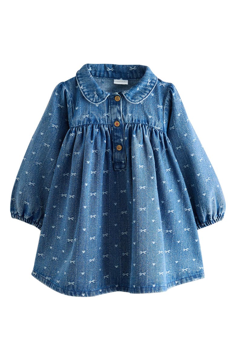 NEXT Kids' Bow Long Sleeve Denim Dress, Main, color, Blue