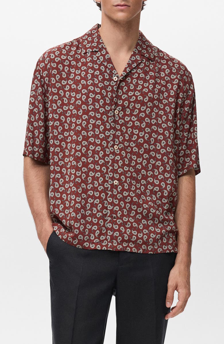 MANGO Print Regular Fit Short Sleeve Button-Up Camp Shirt, Main, color, Cherry