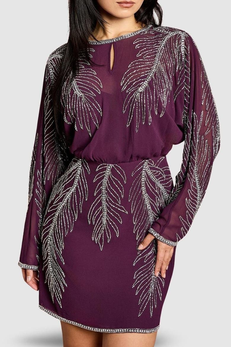 Petite Feather Embellished Mini Dress, Alternate, color, Red