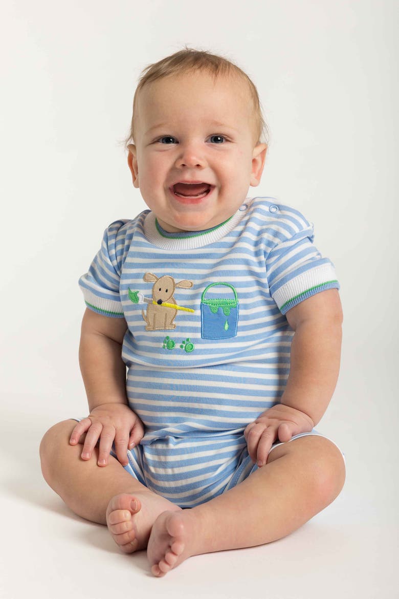 Stripe Knit Shortall With Painting Dog, Alternate, color, Blue/White