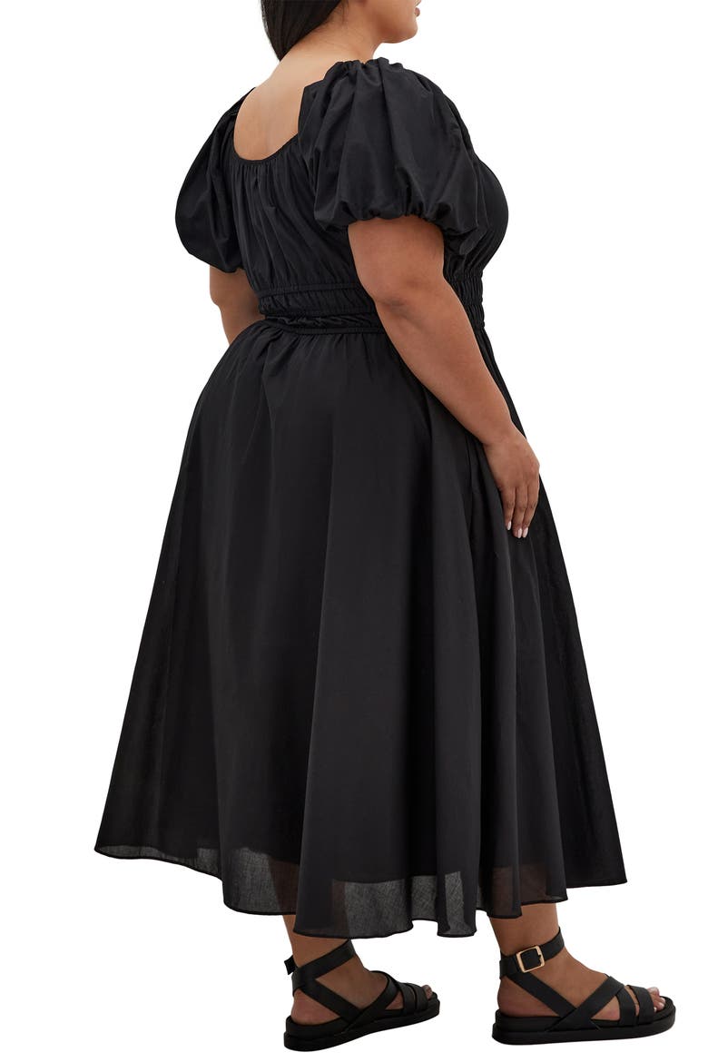 Lillian Puff Sleeve Cotton Midi Dress, Alternate, color, BLACK