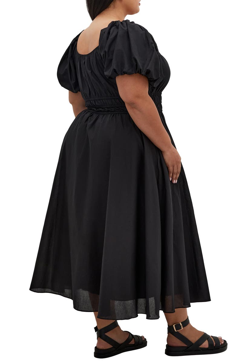 City Chic Lillian Puff Sleeve Cotton Midi Dress, Alternate, color, Black