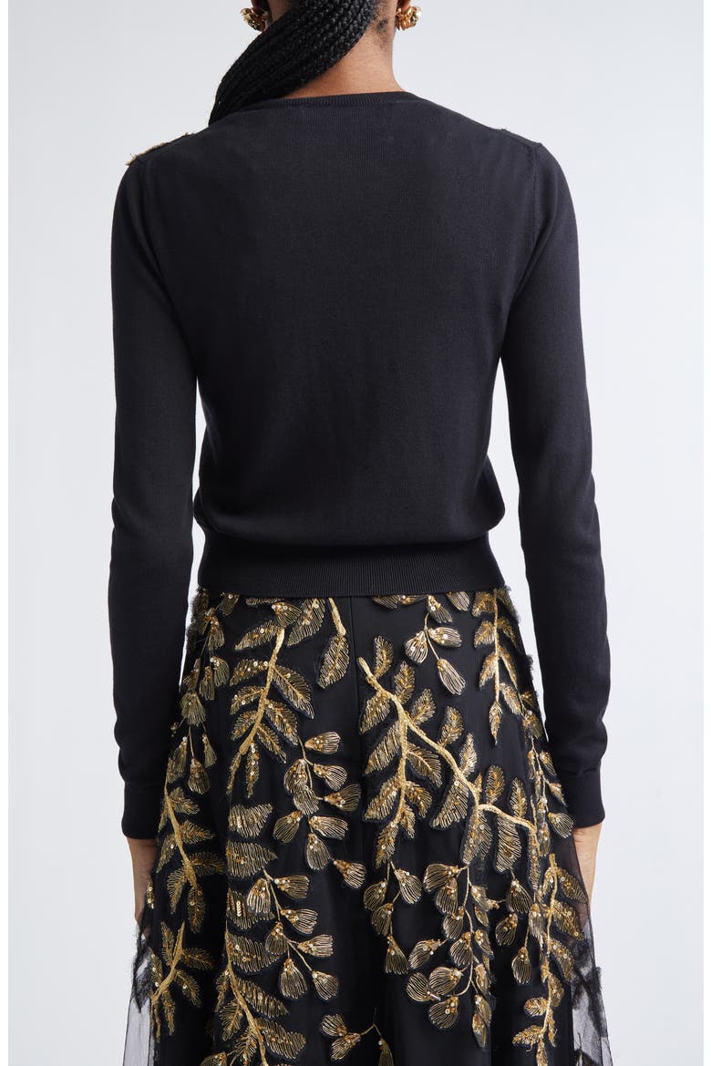 Leaf Embroidered Silk & Cotton Cardigan, Alternate, color, BLACK/ GOLD