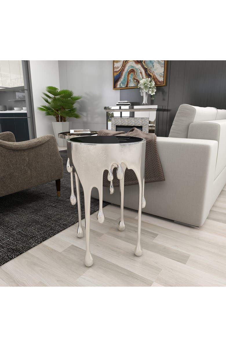 VIVIAN LUNE HOME Silver Aluminum Drip Accent Table with Melting Designed Legs and Shaded Glass Top, Alternate, color, 