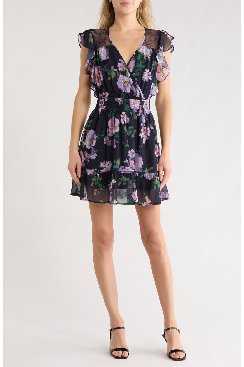 Floral Cap Sleeve Fit & Flare Dress, Main, color, NAVY/ LILAC