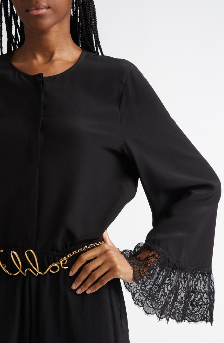 Chloé Lace Cuff Silk Crêpe de Chine Shirt, Alternate, color, Black