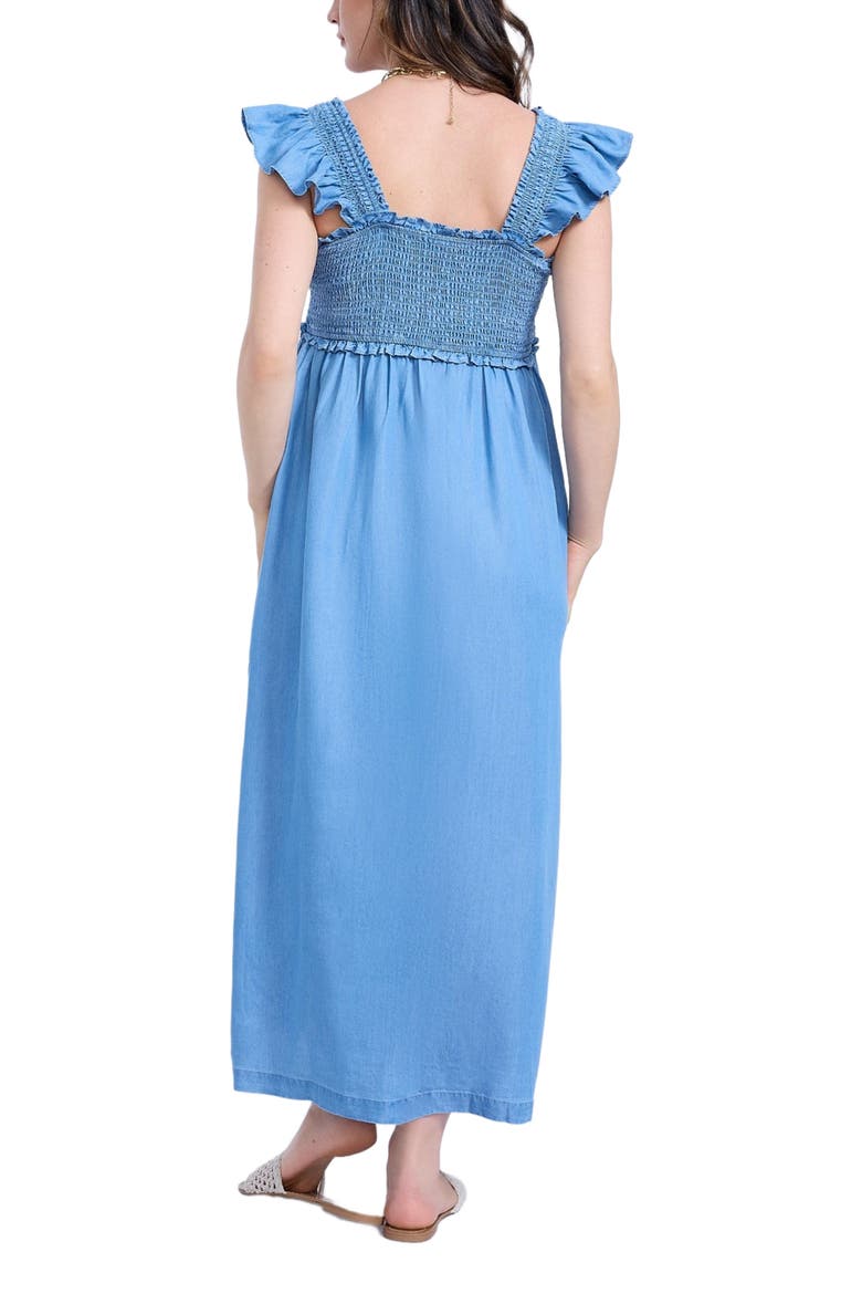 Sleeveless Ruffle Shoulder Smocked Maxi Dress, Alternate, color, Chambray