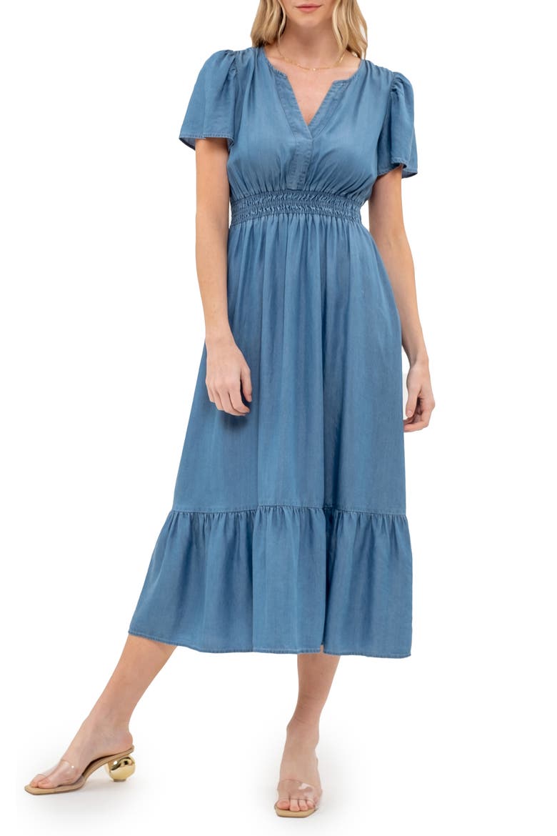 Split Neck Flutter Sleeve Dress, Main, color, CHAMBRAY