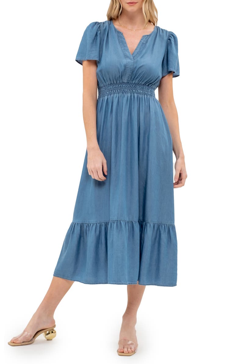 AUGUST SKY Split Neck Flutter Sleeve Dress, Main, color,