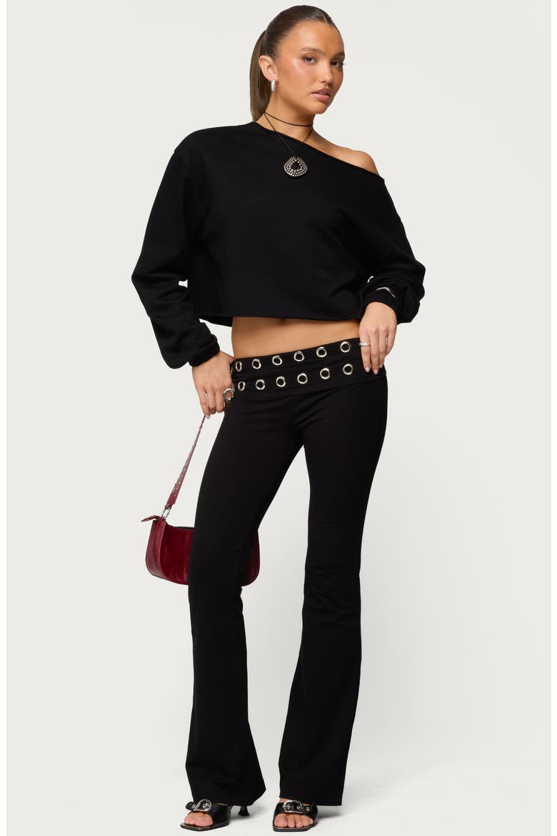 Nairobi Grommet Foldover Low Rise Flare Pants, Alternate, color, BLACK
