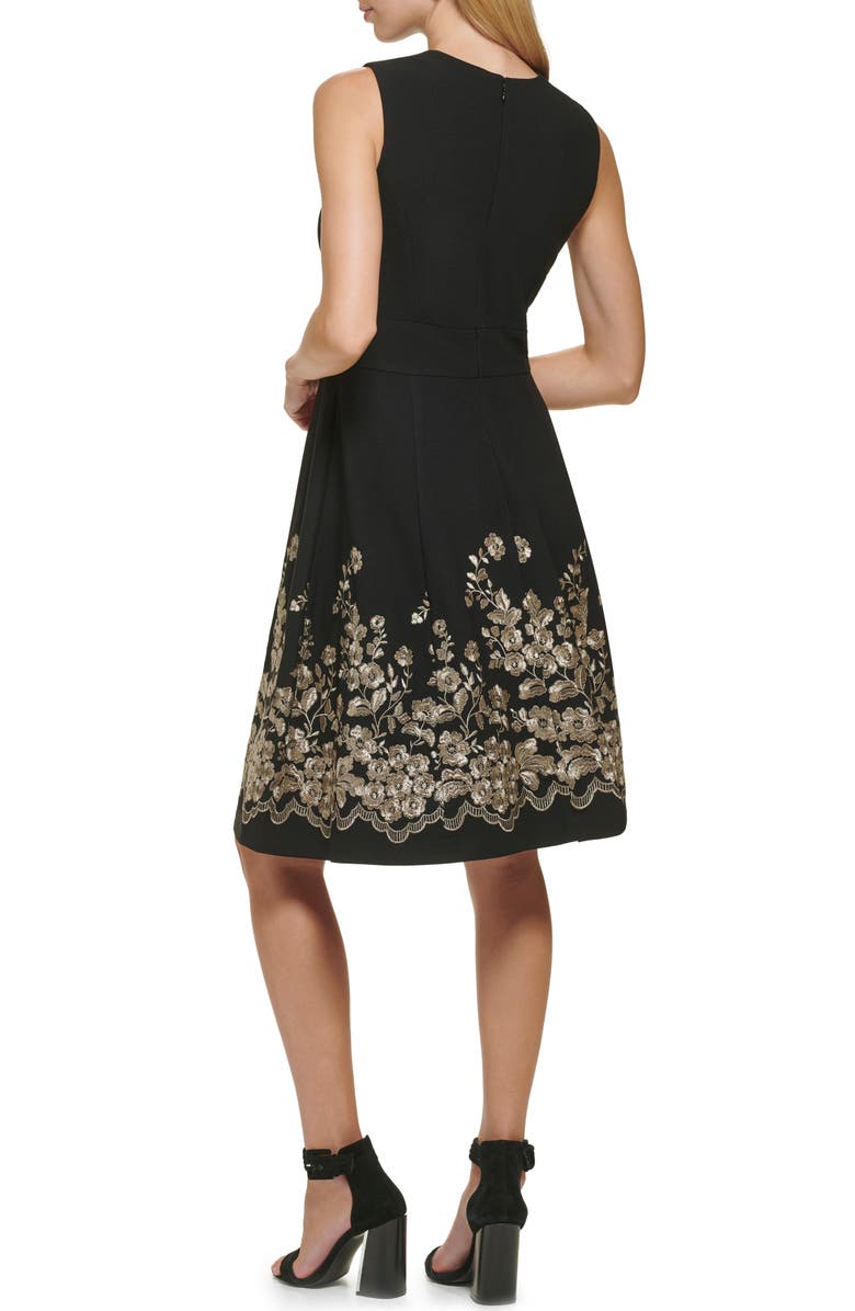 Calvin Klein Floral Embroidered Sleeveless Fit & Flare Dress, Alternate, color, Black/ Gold