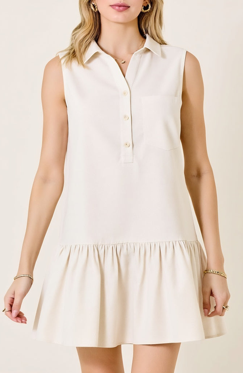 Sleeveless Collared Drop Waist Dress with Front Pocket Detail