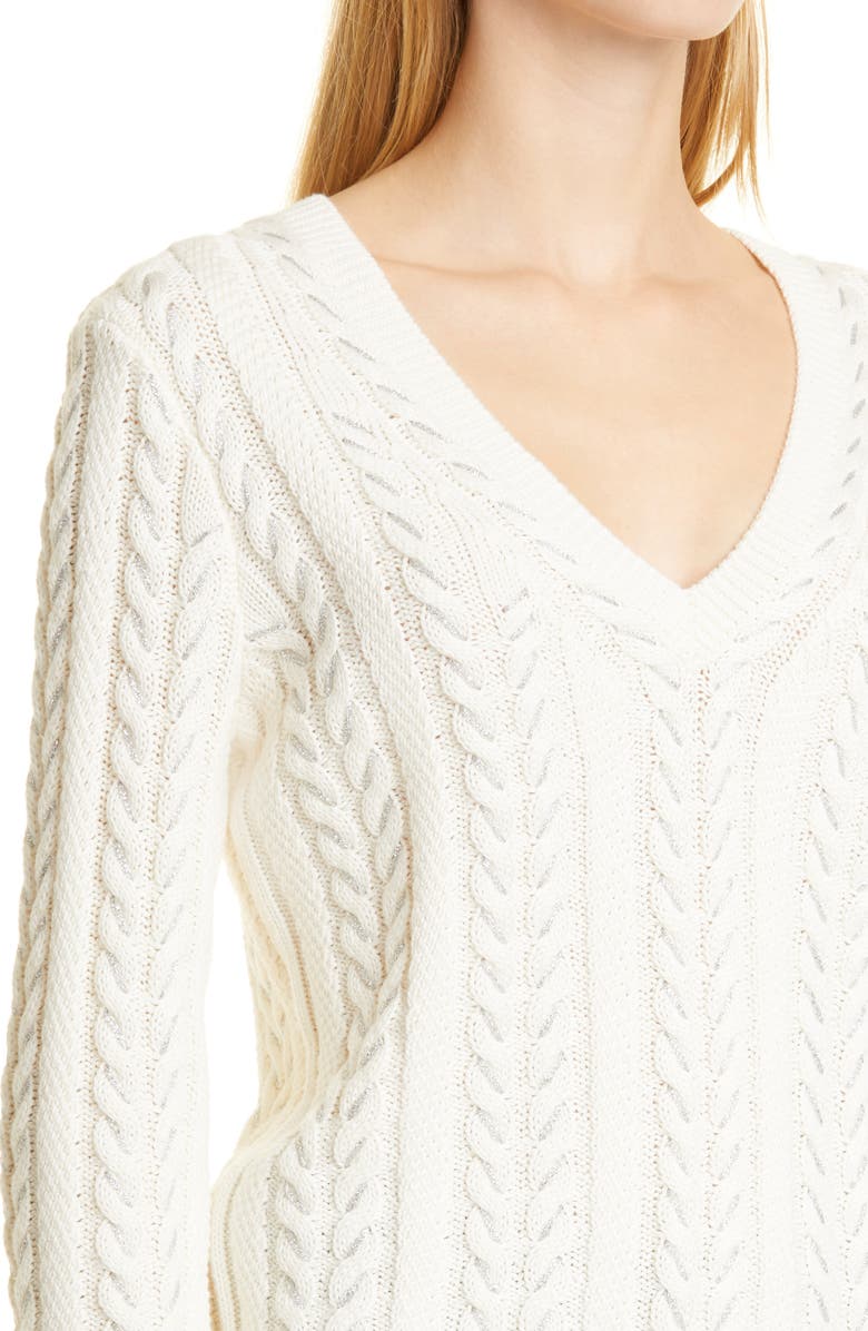PAIGE Dorthea Metallic Cable Sweater, Alternate, color, Ivory W/ Silver Metallic