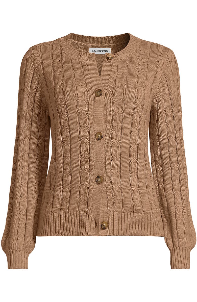 Lands' End Drifter Classic Cable Crew Neck Cardigan Sweater, Alternate, color, Vicuna Heather