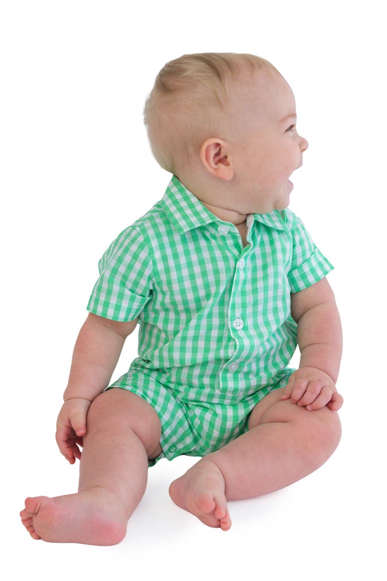 Spring Bud Cotton Gingham Polo Romper, Alternate, color, GREEN