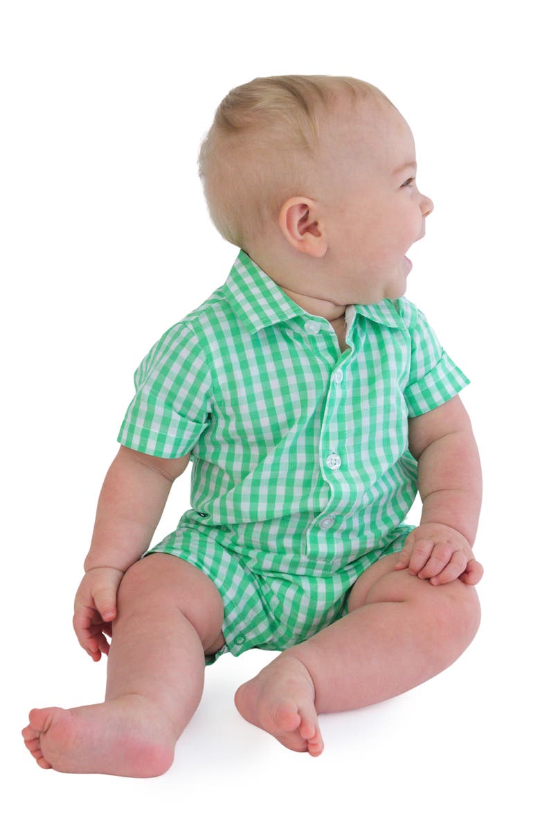 RuggedButts Spring Bud Cotton Gingham Polo Romper, Alternate, color, Green
