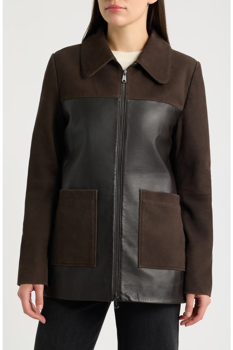 Mixed Media Leather & Suede Shirt Jacket, Main, color, DARK BROWN