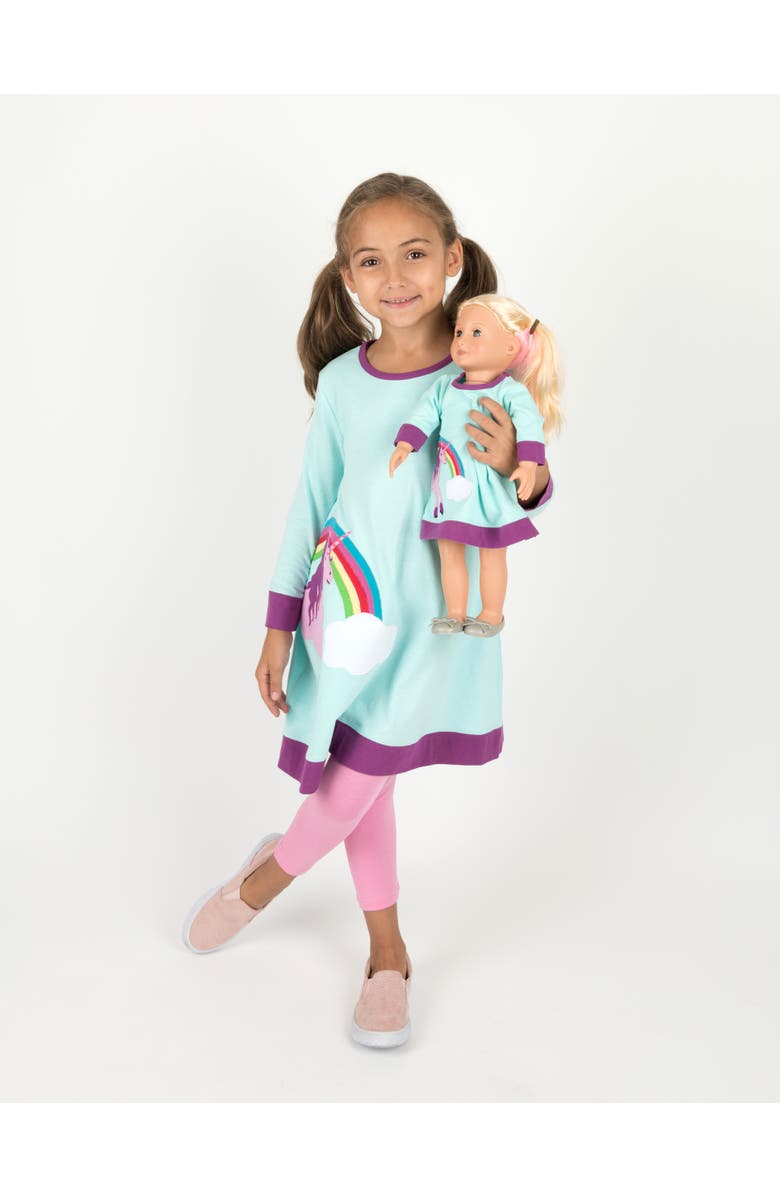 Leveret Girls Cotton Dress with Matching Doll Dress, Printed Design, Alternate, color, Aqua Unicorn