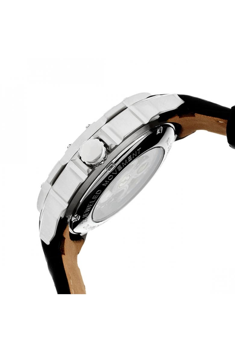 Conrad Skeleton Leather-Band Watch, Alternate, color, Silver/Black