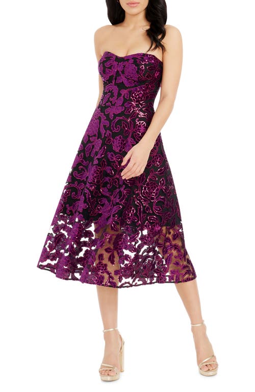 Dress the Population Sadie Floral Sequin Strapless A-Line Dress in Midnight Plum-Black 