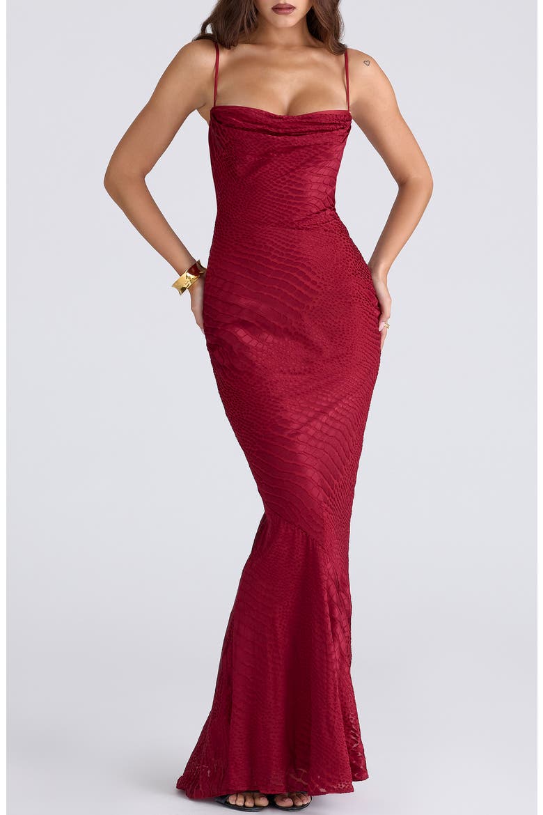 Nalani Satin Burnout Gown, Alternate, color, DEEP RED