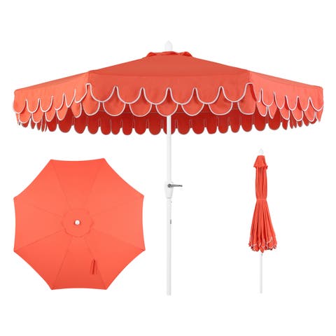 Tracy 9 ft. Classic MidCentury Scalloped Fringe Market Patio Umbrella with Auto-Tilt, Crank, Wind Vent and UV Protection