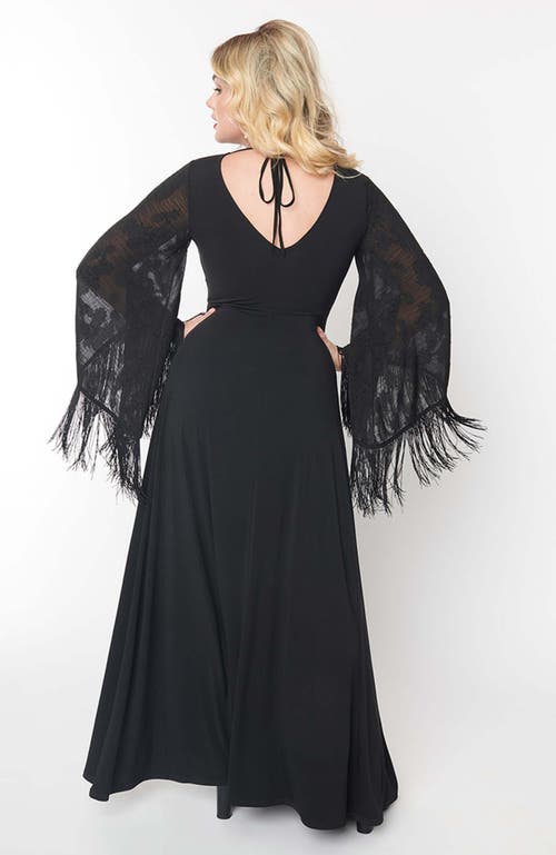 Smak Parlour Fringed Long Bell Sleeved Ruched Maxi Dress In Black