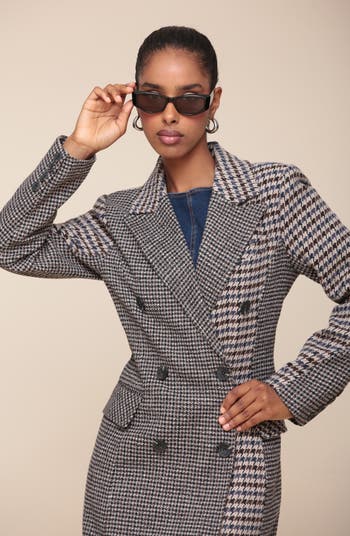 Colorblock Houndstooth Double Breasted Coat