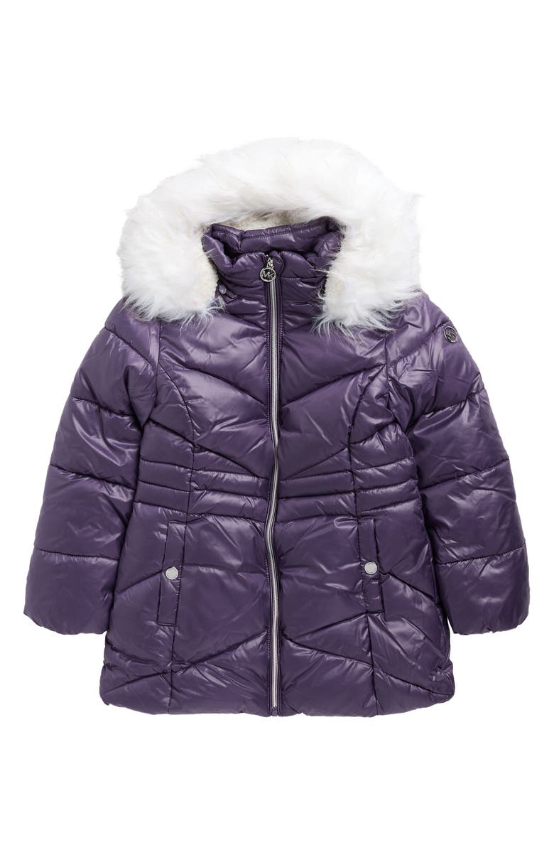 Michael Kors Kids' Stadium Puffer Jacket with Faux Fur Hood, Main, color, Dark Iris